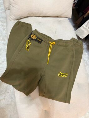drew house Olive Green Sweat Shorts with Yellow Logo and Drawstring